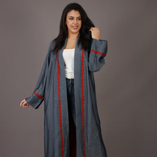 Kimono Long en Jean Gris Fumé avec ZWAK LAMAÂLAM et Doublure Rouge