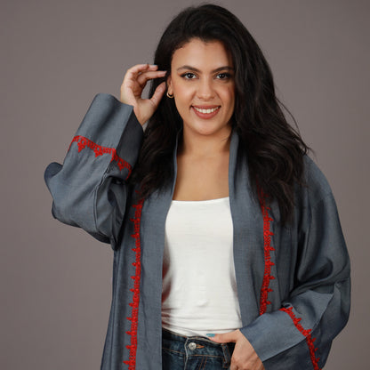 Kimono Long en Jean Gris Fumé avec ZWAK LAMAÂLAM et Doublure Rouge