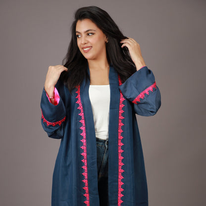 Kimono Long Bleu Nuit avec ZWAK LAMAÂLAM Rose et Doublure