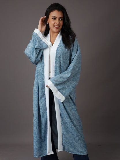Kimono Bleu Céleste à Motifs Feuillus